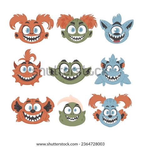 A bunch of silly and entertaining monster faces. Cartoon style.