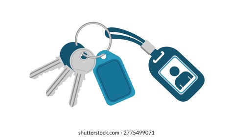 Bunch of silver keys attached to a blue key ring with a blank tag and a dark blue identification badge holder for security access and control.