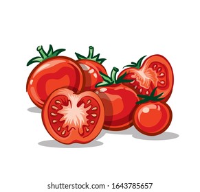 un puñado de seis tomates de fondo blanco