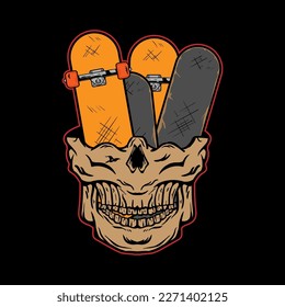 a bunch of skateboards on a skull head