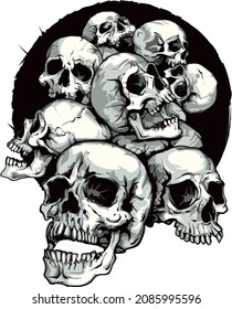 A bunch skulls fall out black hole  Vector illustration  Suitable for tattoo  logo  t  shirts  rock bands   