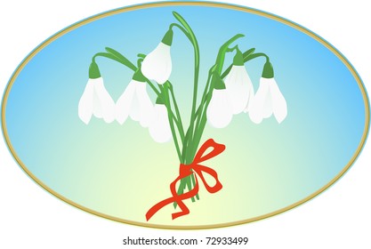 Bunch of Snowdrops Fixed By Red Ribbon, on The Oval Gradient Background 