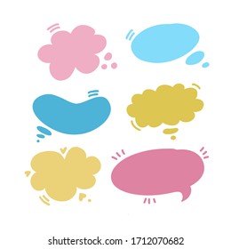 Bunch of speech bubbles of different colours and shapes. Balloon kit with scribbles for inscriptions, star, heart and three dots. Flat style bulb set for cartoon and comic dialogue, conversation, talk