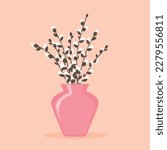 bunch of spring, easter pussy willow branches in a vase- vector illustration