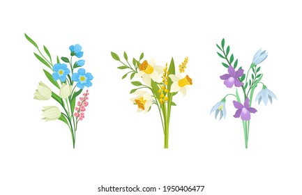 Bunch of Spring Flowers with Fragrant Blossom on Green Stem Vector Set