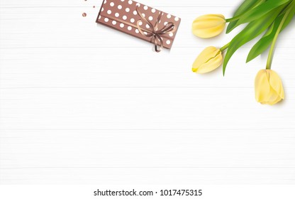 Bunch of spring yellow tulips and gift box on white wooden background. Vector illustration