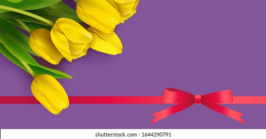 Bunch of spring yellow tulips and red ribbon on purple background. Vector illustration