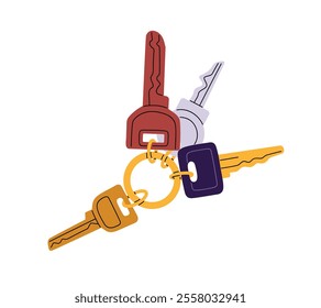 Bunch of steel keys with different sizes and shapes hanging on ring, keychain. Keyring, keyholder, chain, keyfob to lock house, postbox, door. Flat isolated vector illustration on white background