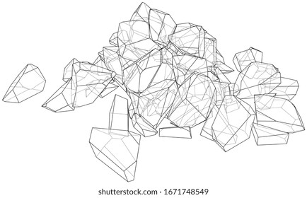 Ein Haufen Steine. Vektorillustration-Abbildung eines 3D-Modells. Skizzenstil oder Drahtrahmen
