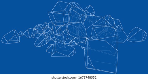 A bunch of stones. Vector illustration rendered of a 3d model. Sketch style or wire frame