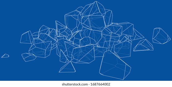 Ein Haufen Steine. Vektorgrafik eines 3D-Modells dargestellt. Skizzenstil oder Drahtrahmen