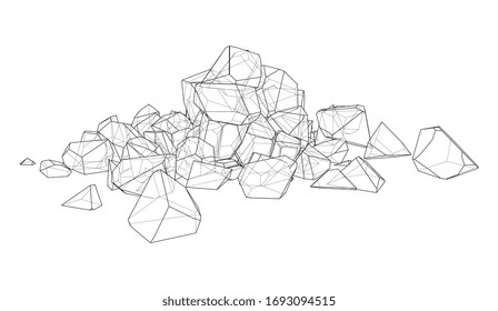 A bunch of stones. Vector illustration rendered of a 3d model. Sketch style or wire frame