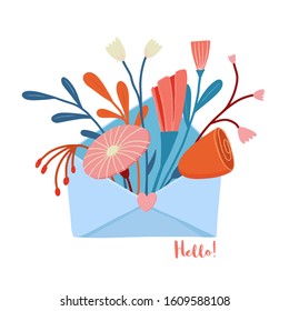 Bunch of summer wild flowers and twigs in postal envelope with heart-shaped seal, love letter concept, romantic boho-style postcard, valentine greeting card, vector illustration on white background