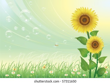 bunch of sunflowers over green background