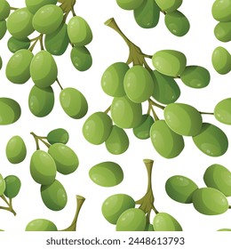 Bunch of sweet green grapes berries. Vector seamless cartoon pattern of fresh delicious fruit.