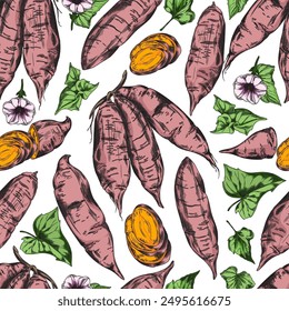 Bunch of sweet potato, flowers and leaves hand drawn vector seamless pattern. Ripe yam whole and slice, farm vegetable batatas. Agriculture tuber plant, natural healthy organic food sketch