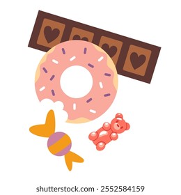 Un montón de dulces, barra de chocolate, donut, barra de caramelo y osito de goma. Ilustración vectorial moderna de moda aislada en el fondo blanco, dibujado a mano, diseño plano