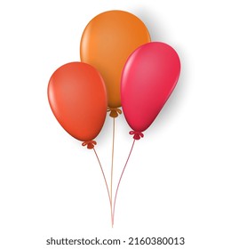 Bunch of three colored balloons red, orange color with highlights and shadows on rope isolated on white background. Vector illustration.