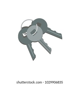 Bunch of three metallic keys hanging on ring. Key from car, house door and safe box. Concept of safety. Cartoon icon in flat style. Colored vector design