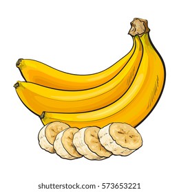 Bunch of three unopened, unpeeled ripe bananas and banana chopped into pieces, sketch style vector illustration isolated on white background. Realistic hand drawing of ripe banana bunch and slices
