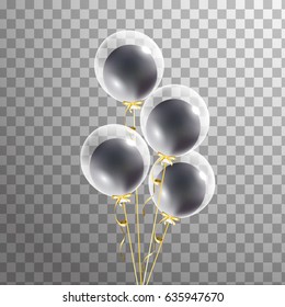 Bunch of transparent balloons with black balloon inside isolated. Party decorations for birthday, anniversary, celebration, event design,wedding. vector illustration