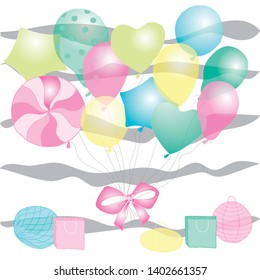 A bunch of transparent helium balloons of different shapes. Round, Star and Heart for holiday decoration in pink, blue, mint and yellow colors.