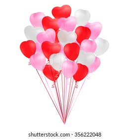 Bunch of transparent realistic heart shaped balloons of red, pink and white colors isolated on white background. Decoration for Birthday, Valentine's Day, romantic cards design. Vector illustration.