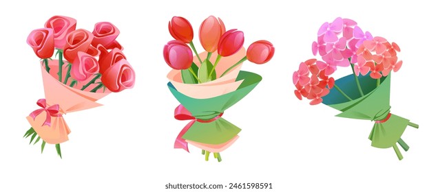 Bunch of tulip flower, floral gift bouquet cartoon. Cute spring rose and hydrangea bloom cut for valentine in garden. Fresh botanical decorative bud collection. Wrapped wedding plant icon bundle