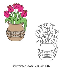 a bunch of tulips are arranged in a ceramic vase. Simple Design Outline Style. You can give color you like. Vector Illustrations