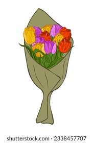 Bunch of tulips in craft wrapping paper. Hand drawn vector illustration. Botanical composition. Isolated floral bunch on white background for greeting card, invitation, background or banner.