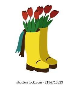 Montón de tulipanes en botas amarillas. Ilustración del vector
