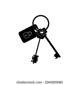 Un grupo de dos teclas con un llavero para el dinero y candados en negro sobre un fondo blanco. Una imagen vectorial.