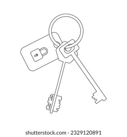A bunch of two keys with a keychain for mortise and padlocks on a white background. Vector image.