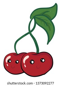 Hündchen mit zwei roten Kirschen und zwei grünen Blättern haben eine Smiley-Gesicht, Vektorgrafik oder Illustration 