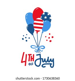 Bunch of USA balloons with American flag isolate on white background for American Labor Day. Memorial Day or Independence day. Vector hand drawn doodles flat illustration and lettering