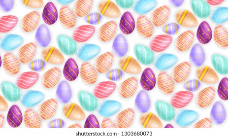 Bunch of various ornamental Easter eggs depicted on white background