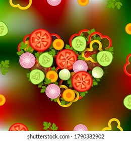 Bunch of various sliced ripe vegetables and greenery mixed together is shaped like heart symbol over blurry colored background. Concept of healthy eating, vegetarianism, veganism and raw food diet