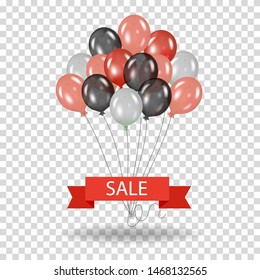 A bunch of vector balloons on white background with ribbon banner for sale.  On a transparent background.