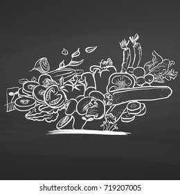 Bunch of vegetables on chalkboard. Hand drawn healthy food sketch. Black and White Vector Drawing on Blackboard. 