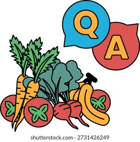 Un montón de verduras se muestran con un signo de interrogación y un signo de alfabeto. Las verduras incluyen zanahorias, brócoli y apio. Concepto de alimentación saludable y la importancia de una dieta equilibrada