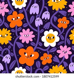 Bunch of very angry but cute flowers, vector seamless botanical cartoon Halloween pattern