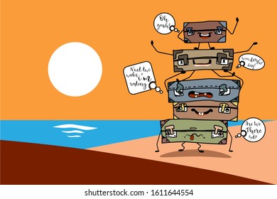 bunch of vintage cartoon suitcases with arms, legs, eyes on beach by sea. Text speech balloon clouds. Travel time