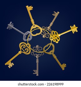 bunch of vintage keys isolated. vector illustration