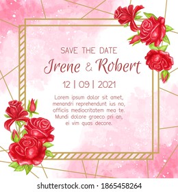 Bunch of watercolor red roses with leaves diagonally placed on a geometrical golden frame with lines. Wedding invitation with custom text on abstract pink background