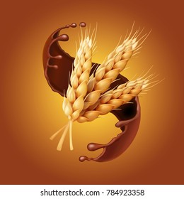 Bunch Of Wheat, Or Barley Ears In Chocolate. Baking Or Pastry Logo. Patisserie Icon Realistic