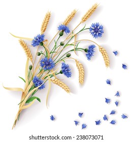 Bunch of wheat ears and blue cornflowers with scattered petals. 