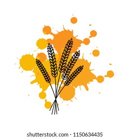 Bunch of wheat ears on ink spots.Vector illustration. Line.