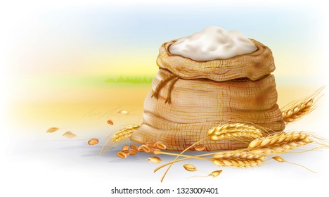 Bunch of wheat and flour in burlap bag on a rural field background. Vector mesh and curves illustration 