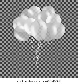 Bunch of white helium balloons isolated on transparent background. Party decorations for birthday, anniversary.