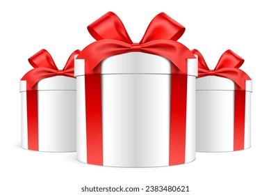 Bunch of white round shape gift boxes tied with red ribbons. Cylindrical vector giftboxes, isolated on the white background.